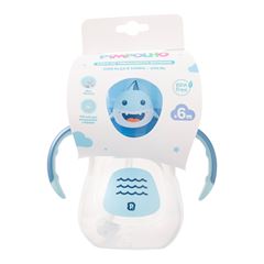 Copo Treinamento Pimpolho Bichinho Tubarão C/Bico Flexivel Alça e Tampa Masculino 240ml Azul