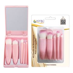 Kit Pinceis de Maquiagem Nybc Pink Com Espelho REF KPMC-5R